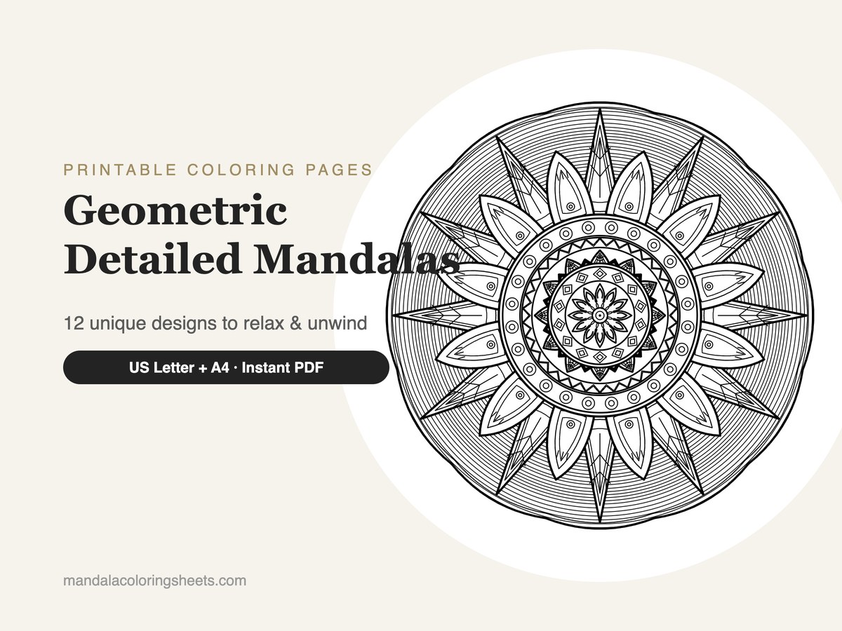 Geometric Detailed Mandalas Coloring Pages — 12 Sheet Bundle — printable mandala coloring bundle