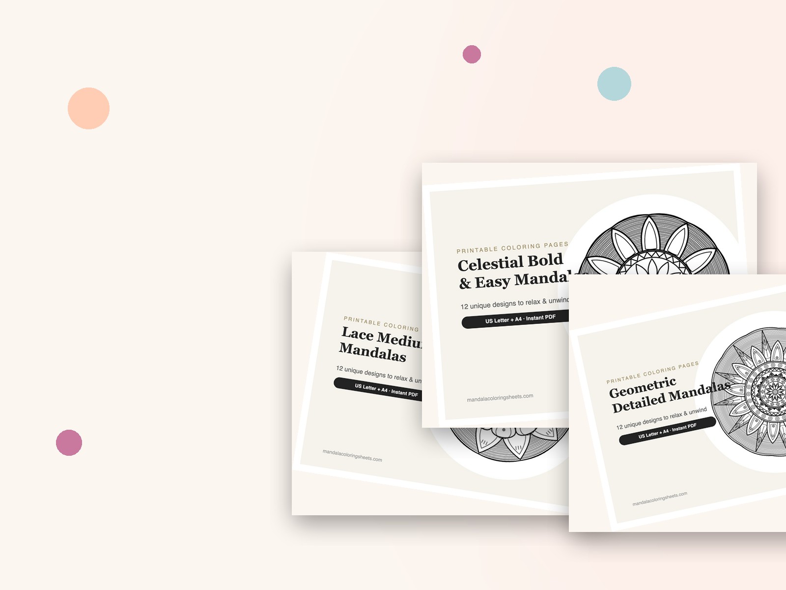 Celestial Bold & Easy, Lace Medium and Geometric Detailed mandala printable bundles fanned out on a warm background
