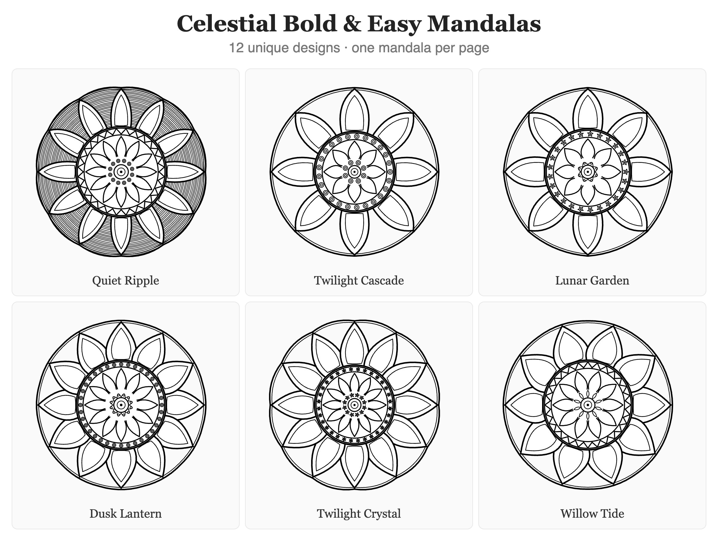 Celestial Bold & Easy Mandalas Coloring Pages — 12 Sheet Bundle preview 2